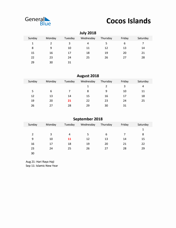 Printable Quarterly Calendar with Notes and Cocos Islands Holidays- Q3 of 2018