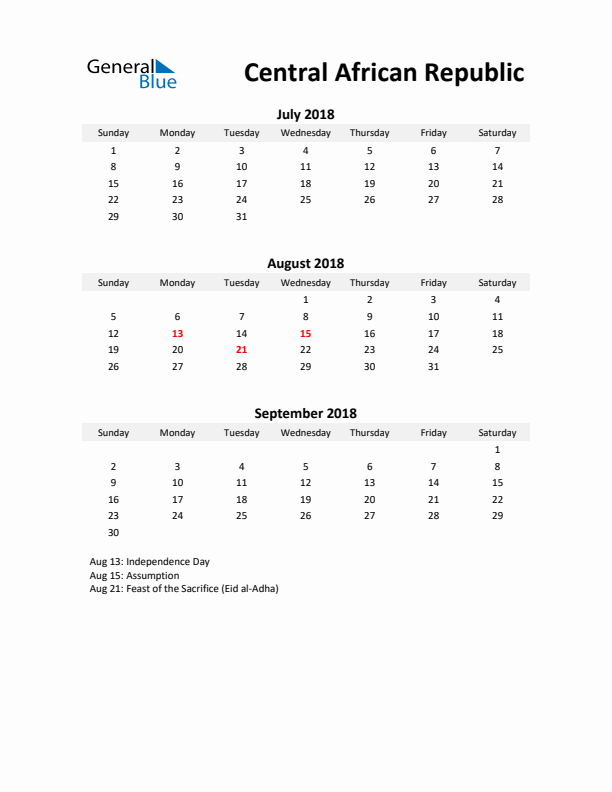 Printable Quarterly Calendar with Notes and Central African Republic Holidays- Q3 of 2018