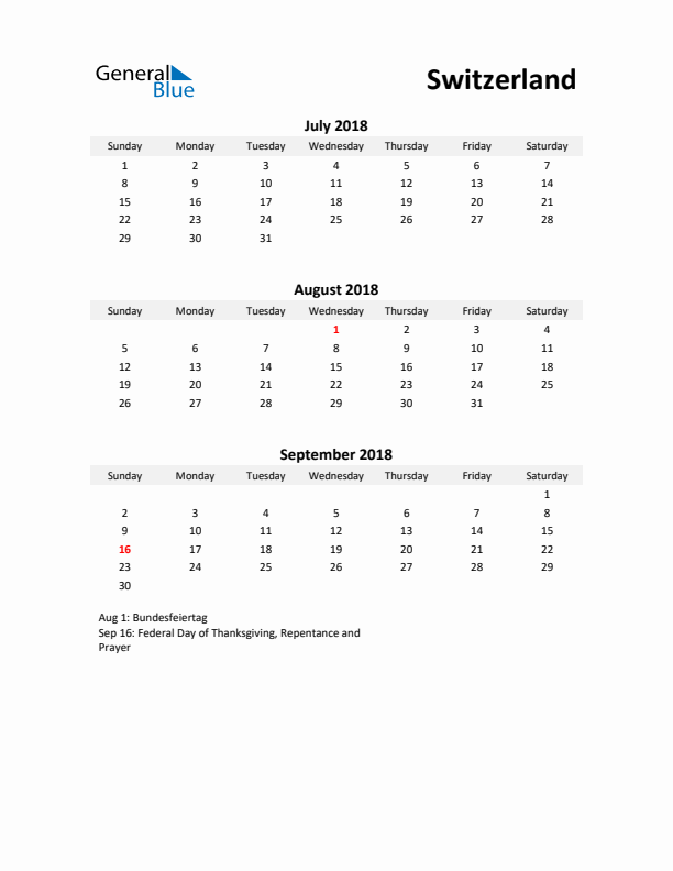 Printable Quarterly Calendar with Notes and Switzerland Holidays- Q3 of 2018