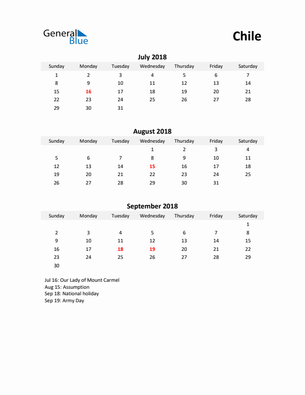 Printable Quarterly Calendar with Notes and Chile Holidays- Q3 of 2018