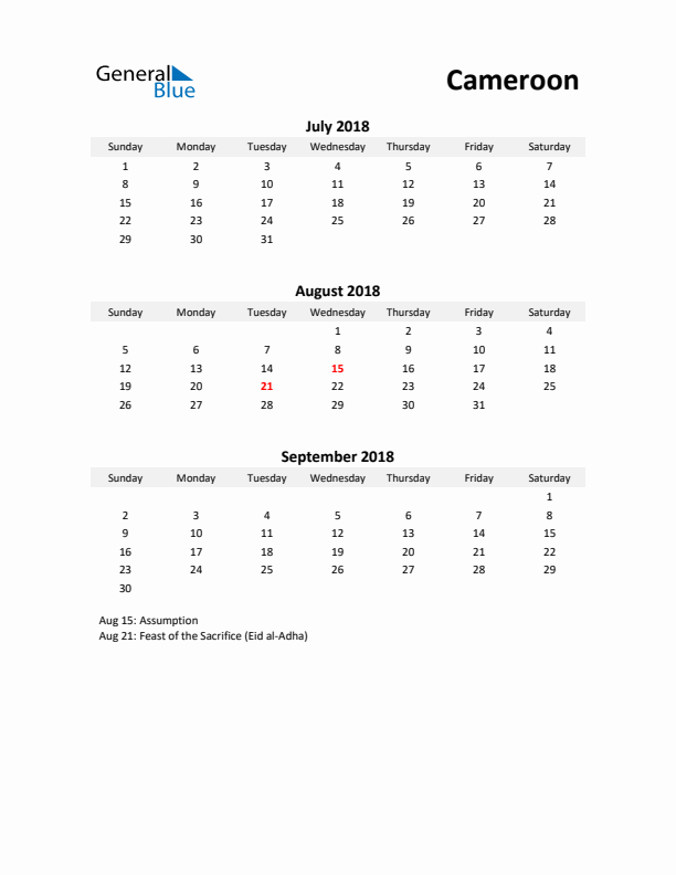 Printable Quarterly Calendar with Notes and Cameroon Holidays- Q3 of 2018