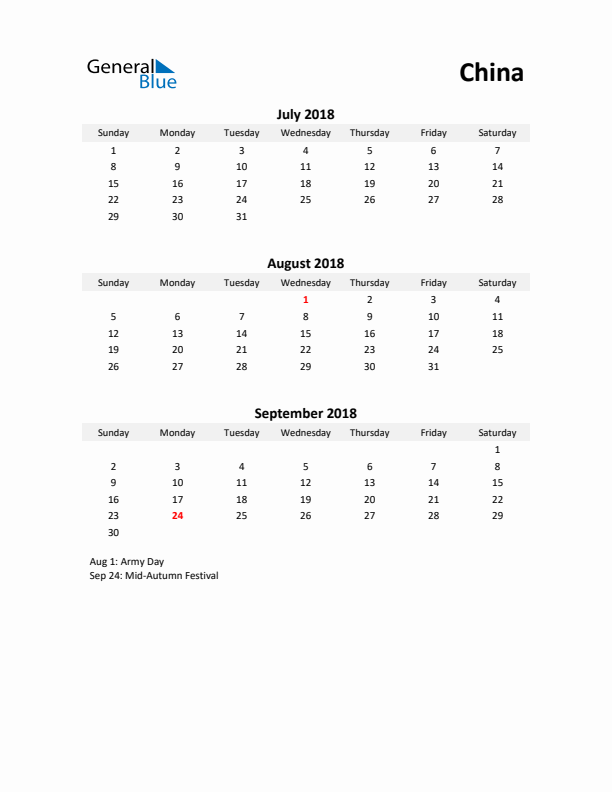 Printable Quarterly Calendar with Notes and China Holidays- Q3 of 2018