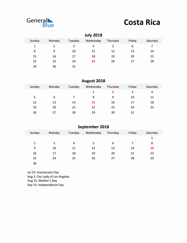 Printable Quarterly Calendar with Notes and Costa Rica Holidays- Q3 of 2018