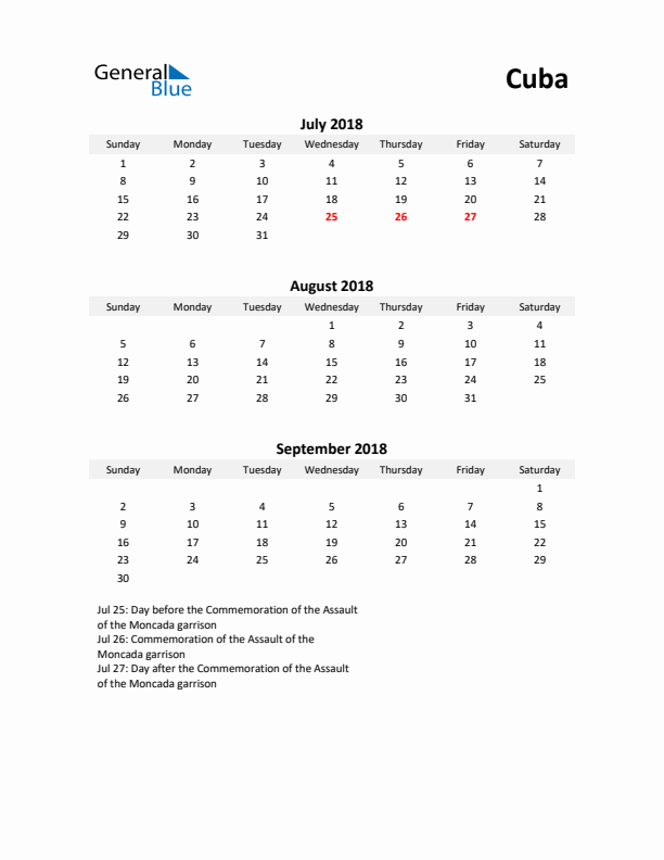 Printable Quarterly Calendar with Notes and Cuba Holidays- Q3 of 2018