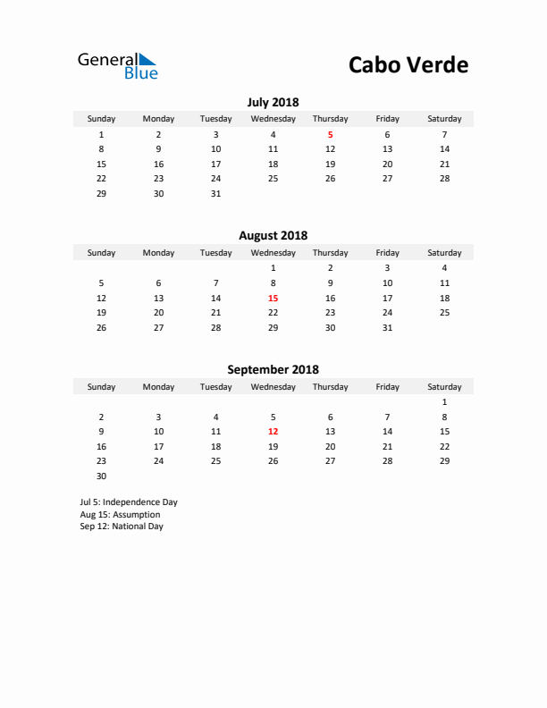 Printable Quarterly Calendar with Notes and Cabo Verde Holidays- Q3 of 2018