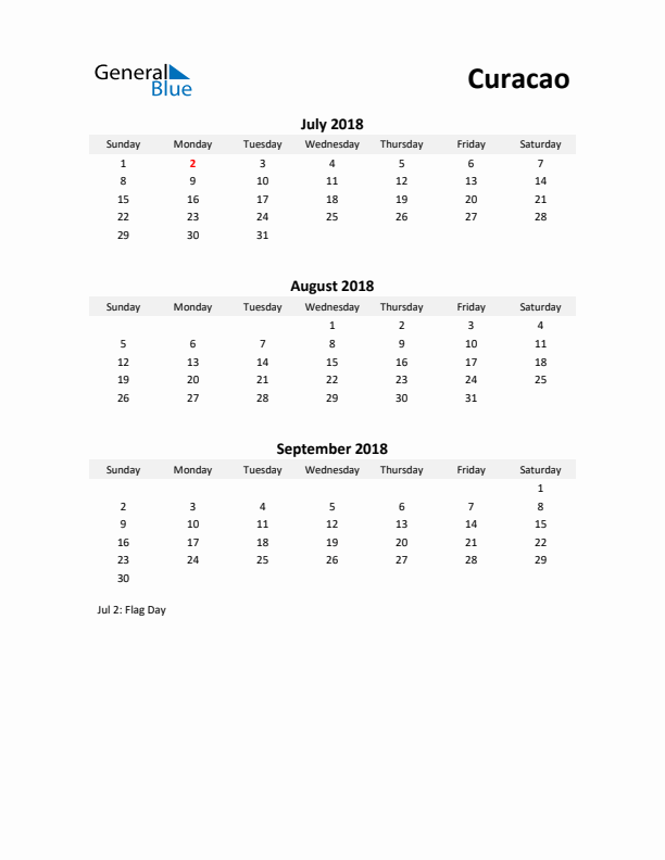 Printable Quarterly Calendar with Notes and Curacao Holidays- Q3 of 2018