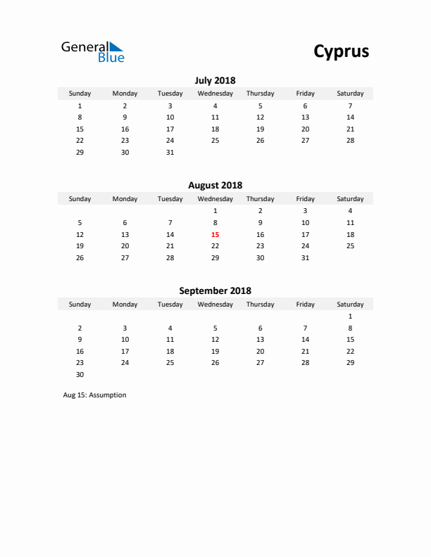 Printable Quarterly Calendar with Notes and Cyprus Holidays- Q3 of 2018