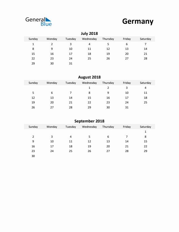 Printable Quarterly Calendar with Notes and Germany Holidays- Q3 of 2018