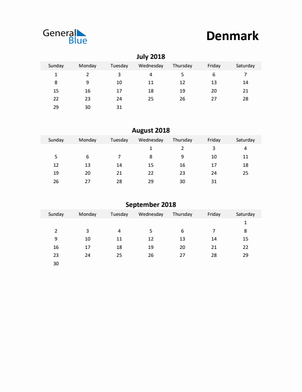 Printable Quarterly Calendar with Notes and Denmark Holidays- Q3 of 2018