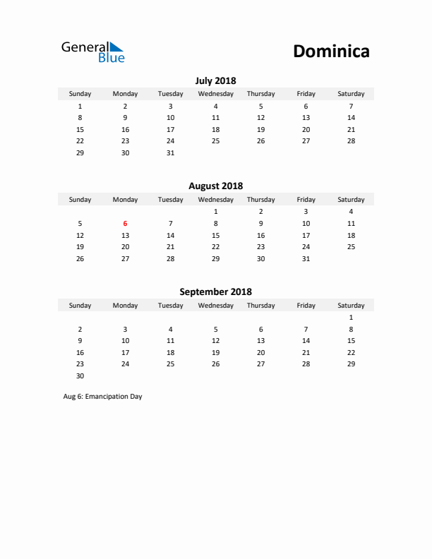 Printable Quarterly Calendar with Notes and Dominica Holidays- Q3 of 2018