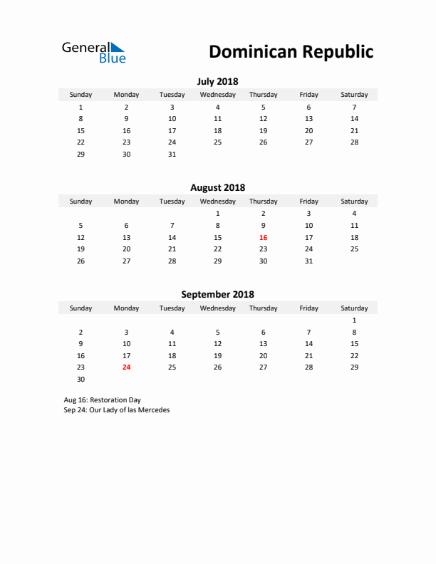 Printable Quarterly Calendar with Notes and Dominican Republic Holidays- Q3 of 2018