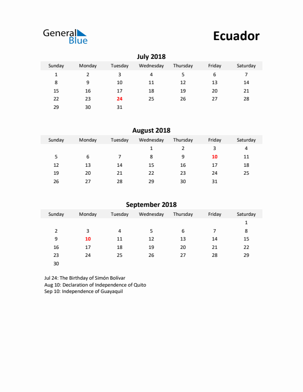 Printable Quarterly Calendar with Notes and Ecuador Holidays- Q3 of 2018