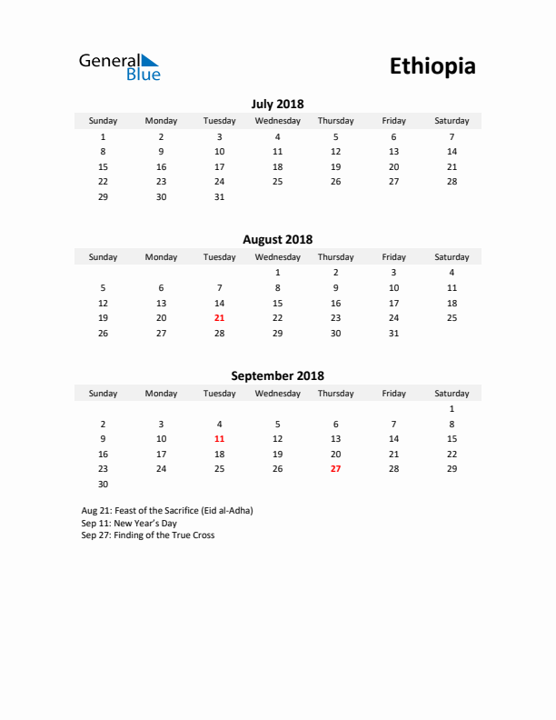 Printable Quarterly Calendar with Notes and Ethiopia Holidays- Q3 of 2018