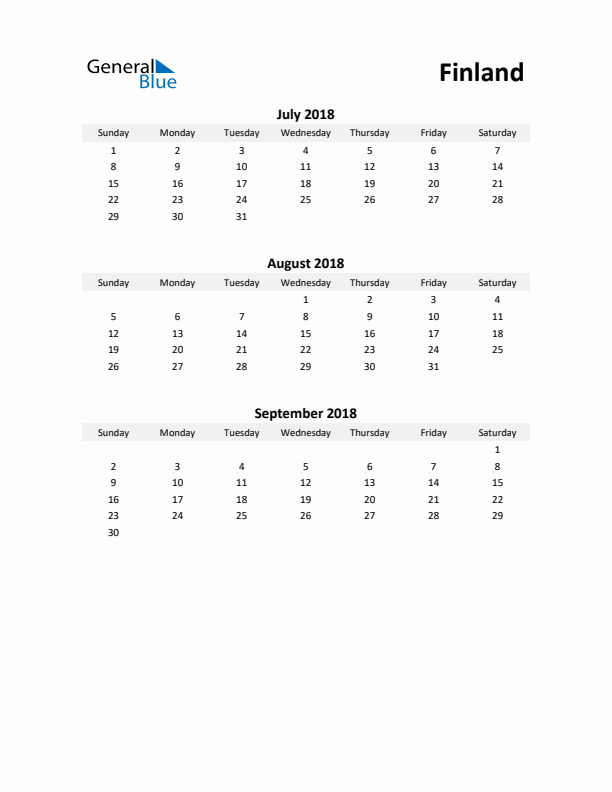 Printable Quarterly Calendar with Notes and Finland Holidays- Q3 of 2018