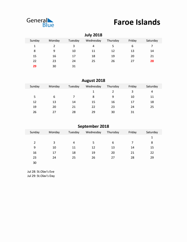 Printable Quarterly Calendar with Notes and Faroe Islands Holidays- Q3 of 2018