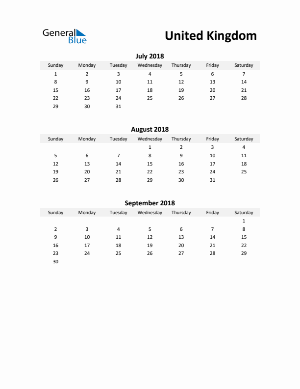 Printable Quarterly Calendar with Notes and United Kingdom Holidays- Q3 of 2018