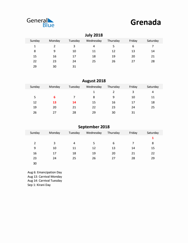 Printable Quarterly Calendar with Notes and Grenada Holidays- Q3 of 2018