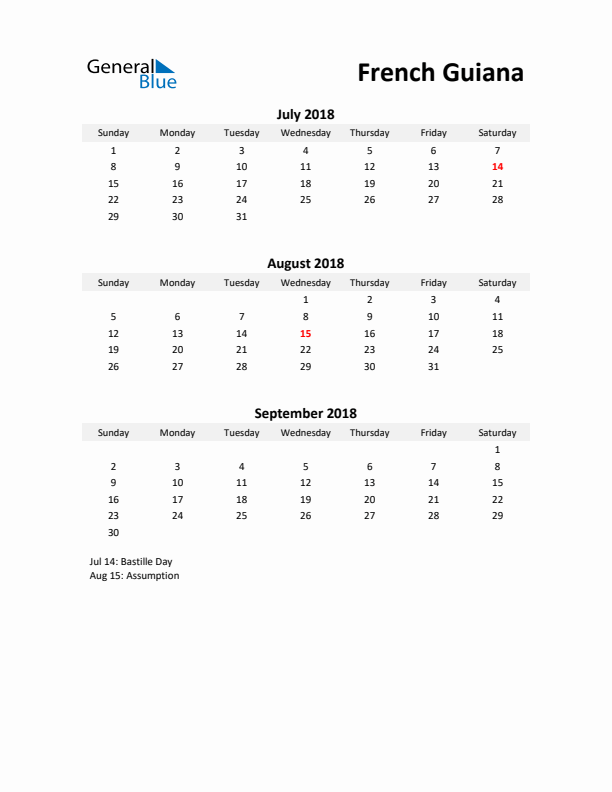 Printable Quarterly Calendar with Notes and French Guiana Holidays- Q3 of 2018