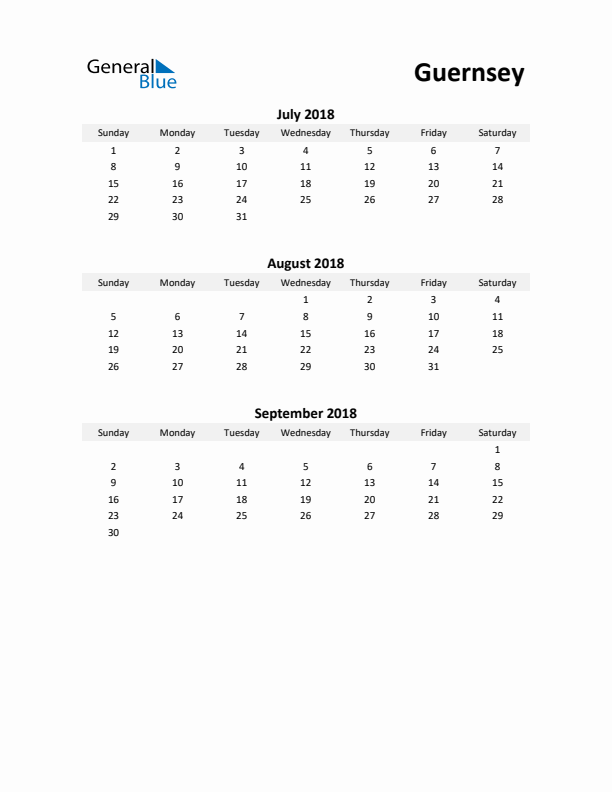 Printable Quarterly Calendar with Notes and Guernsey Holidays- Q3 of 2018