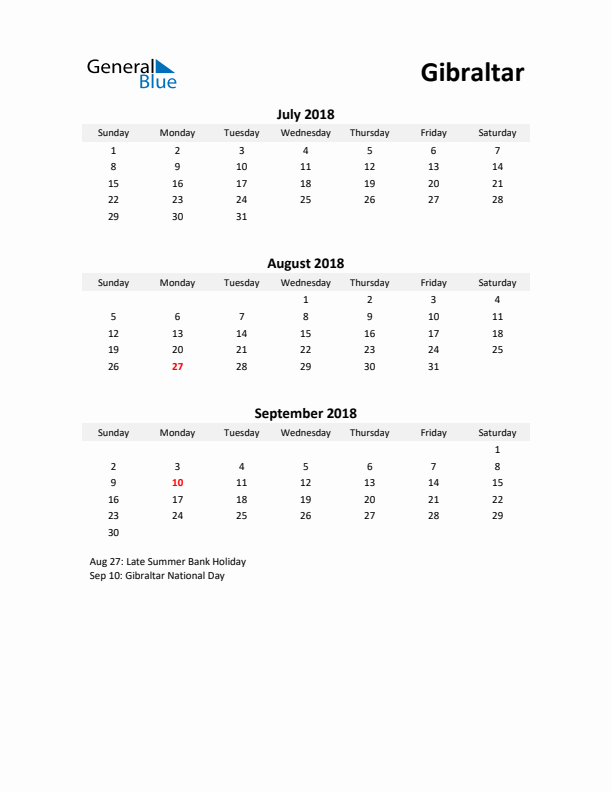 Printable Quarterly Calendar with Notes and Gibraltar Holidays- Q3 of 2018