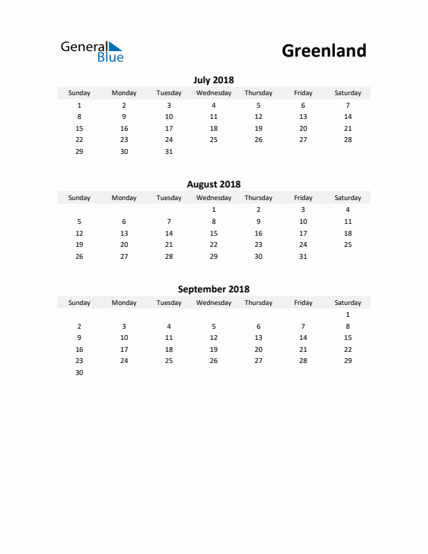 Printable Quarterly Calendar with Notes and Greenland Holidays- Q3 of 2018