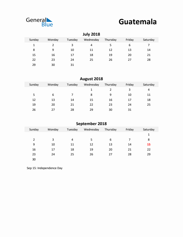 Printable Quarterly Calendar with Notes and Guatemala Holidays- Q3 of 2018