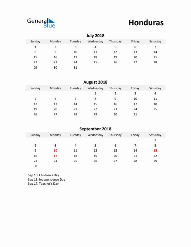 Printable Quarterly Calendar with Notes and Honduras Holidays- Q3 of 2018