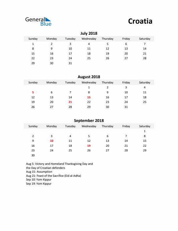 Printable Quarterly Calendar with Notes and Croatia Holidays- Q3 of 2018