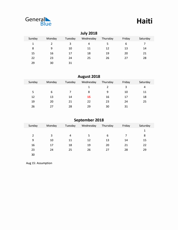 Printable Quarterly Calendar with Notes and Haiti Holidays- Q3 of 2018