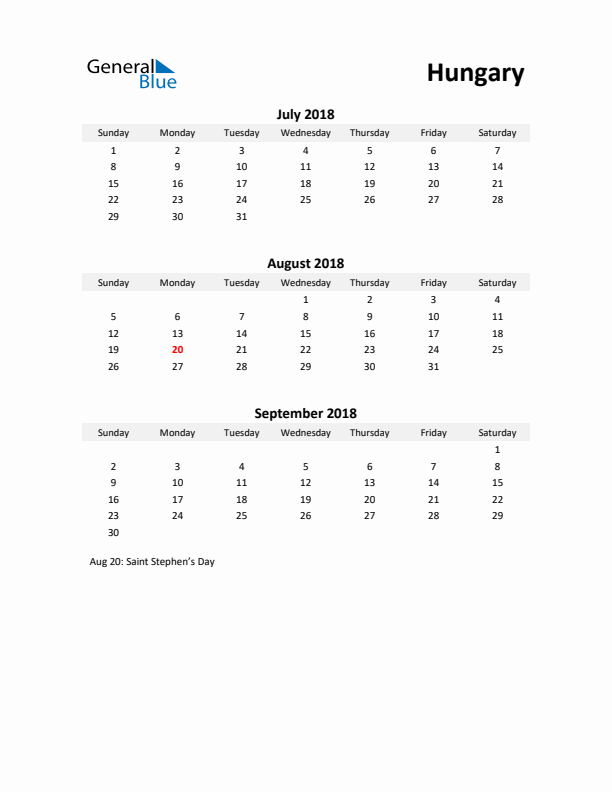 Printable Quarterly Calendar with Notes and Hungary Holidays- Q3 of 2018