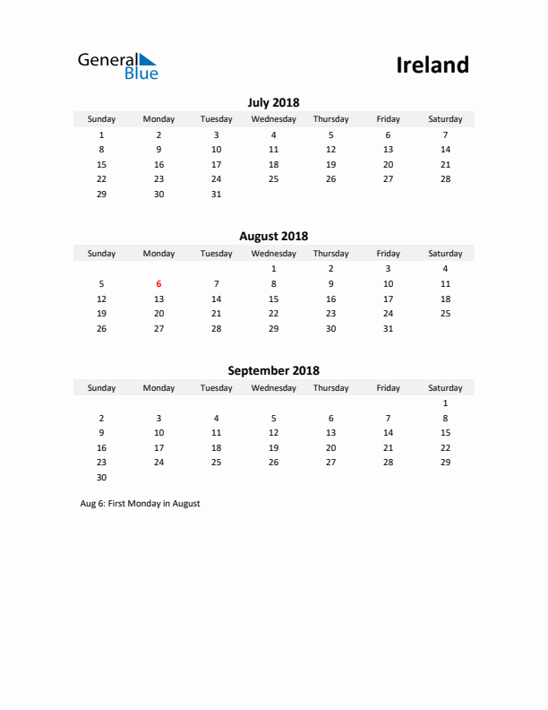 Printable Quarterly Calendar with Notes and Ireland Holidays- Q3 of 2018