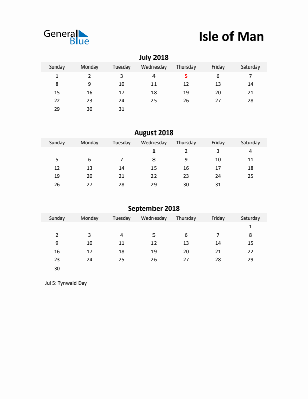 Printable Quarterly Calendar with Notes and Isle of Man Holidays- Q3 of 2018