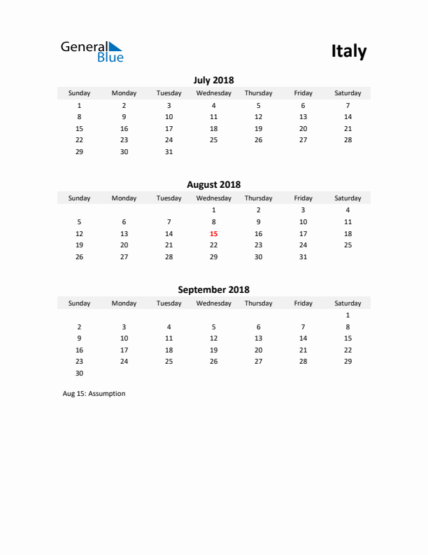 Printable Quarterly Calendar with Notes and Italy Holidays- Q3 of 2018