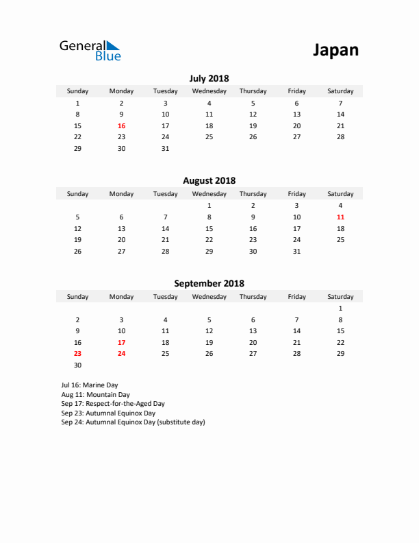 Printable Quarterly Calendar with Notes and Japan Holidays- Q3 of 2018