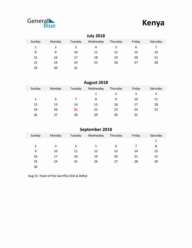 Printable Quarterly Calendar with Notes and Kenya Holidays- Q3 of 2018