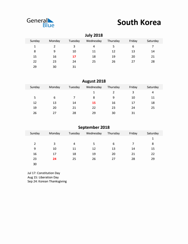 Printable Quarterly Calendar with Notes and South Korea Holidays- Q3 of 2018