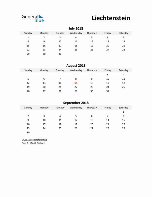 Printable Quarterly Calendar with Notes and Liechtenstein Holidays- Q3 of 2018