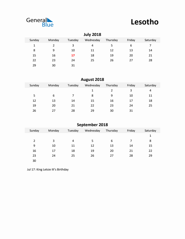 Printable Quarterly Calendar with Notes and Lesotho Holidays- Q3 of 2018