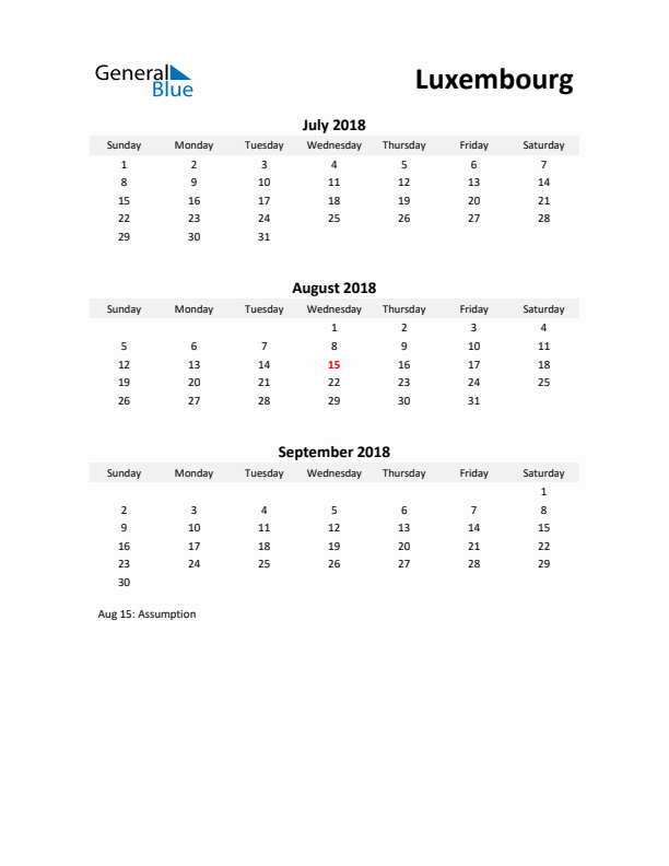 Printable Quarterly Calendar with Notes and Luxembourg Holidays- Q3 of 2018