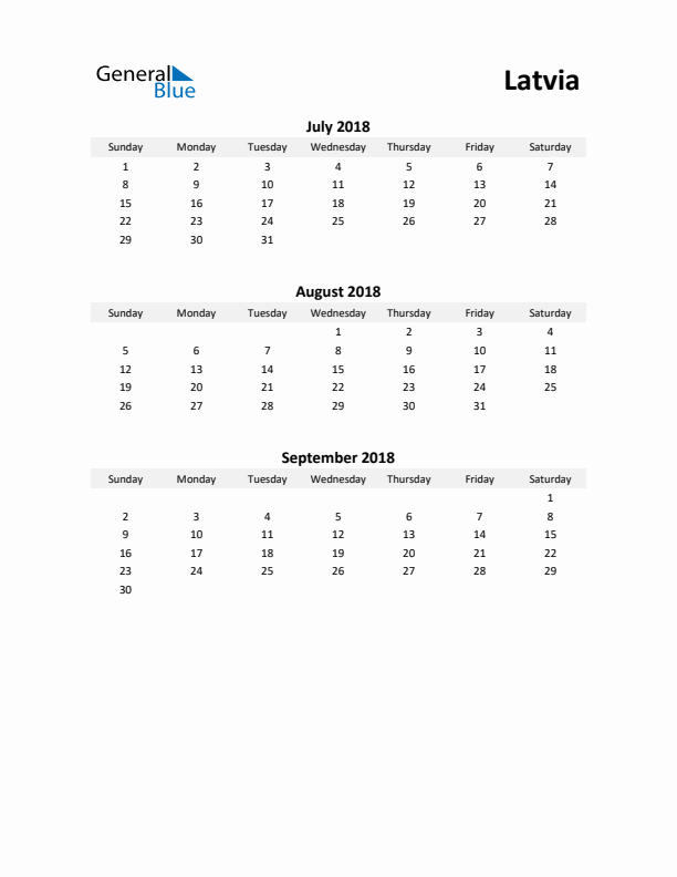 Printable Quarterly Calendar with Notes and Latvia Holidays- Q3 of 2018