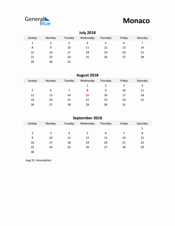 Printable Quarterly Calendar with Notes and Monaco Holidays- Q3 of 2018