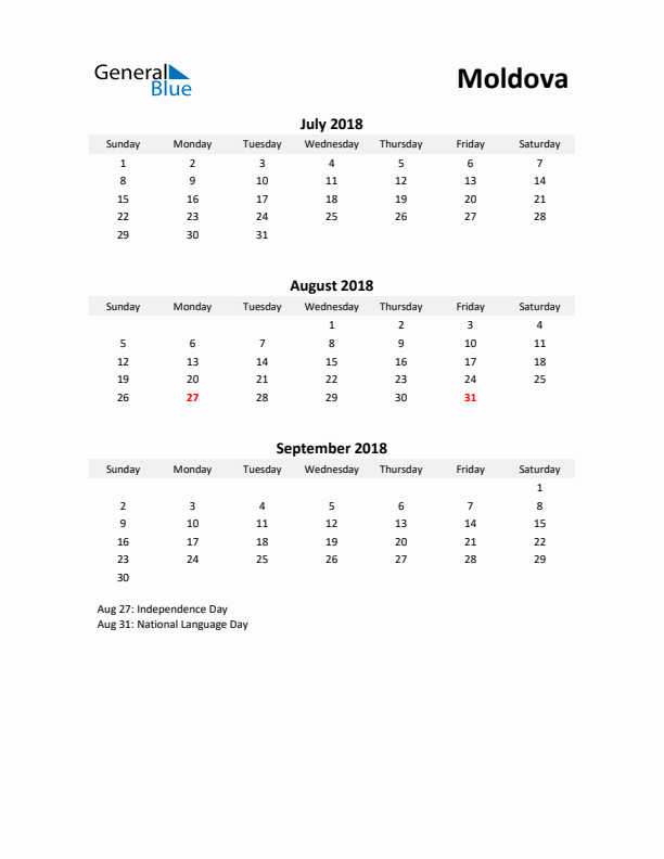 Printable Quarterly Calendar with Notes and Moldova Holidays- Q3 of 2018