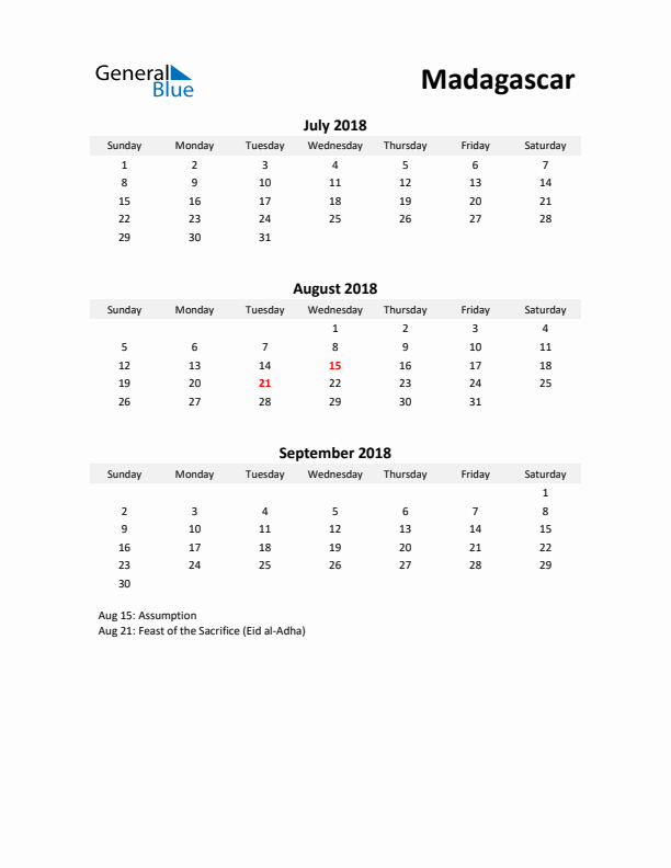 Printable Quarterly Calendar with Notes and Madagascar Holidays- Q3 of 2018