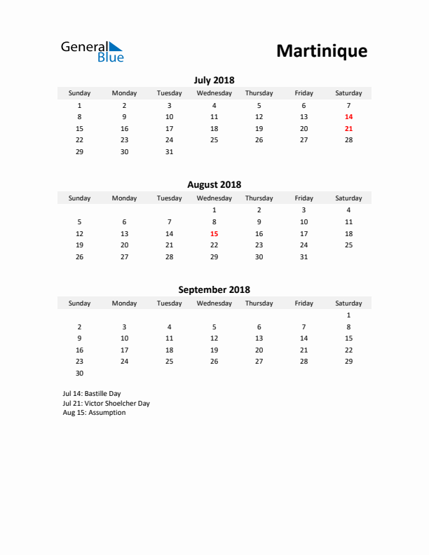 Printable Quarterly Calendar with Notes and Martinique Holidays- Q3 of 2018