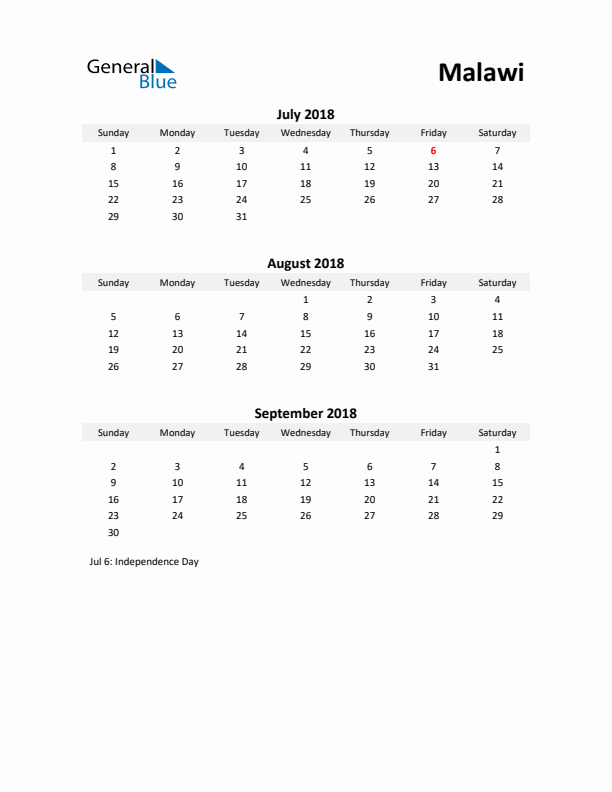 Printable Quarterly Calendar with Notes and Malawi Holidays- Q3 of 2018