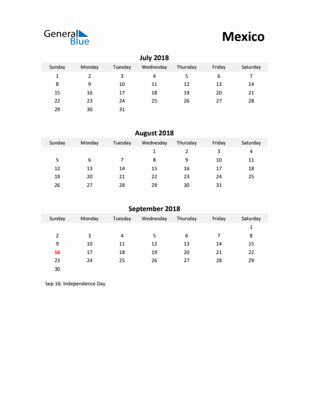 Printable Quarterly Calendar with Notes and Mexico Holidays- Q3 of 2018