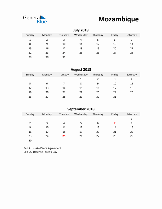 Printable Quarterly Calendar with Notes and Mozambique Holidays- Q3 of 2018