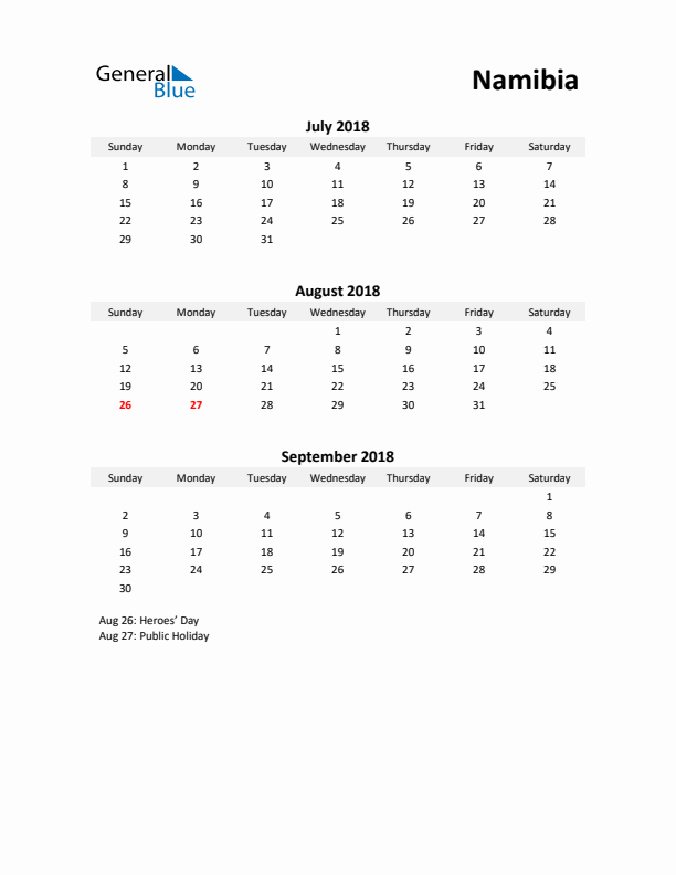 Printable Quarterly Calendar with Notes and Namibia Holidays- Q3 of 2018