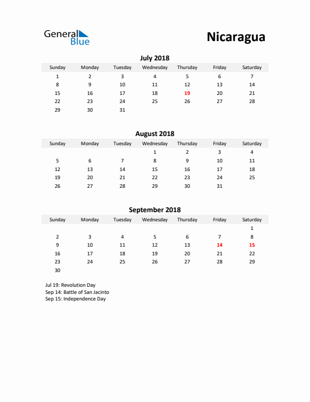 Printable Quarterly Calendar with Notes and Nicaragua Holidays- Q3 of 2018