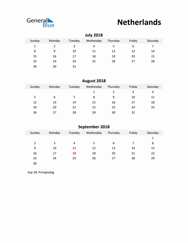 Printable Quarterly Calendar with Notes and The Netherlands Holidays- Q3 of 2018